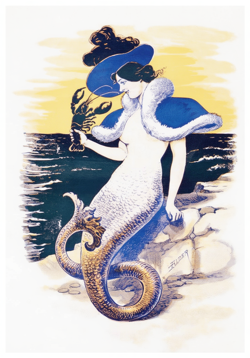 Vintage illustration of a Mermaid holding a lobster by Alder, 1895.&nbsp;