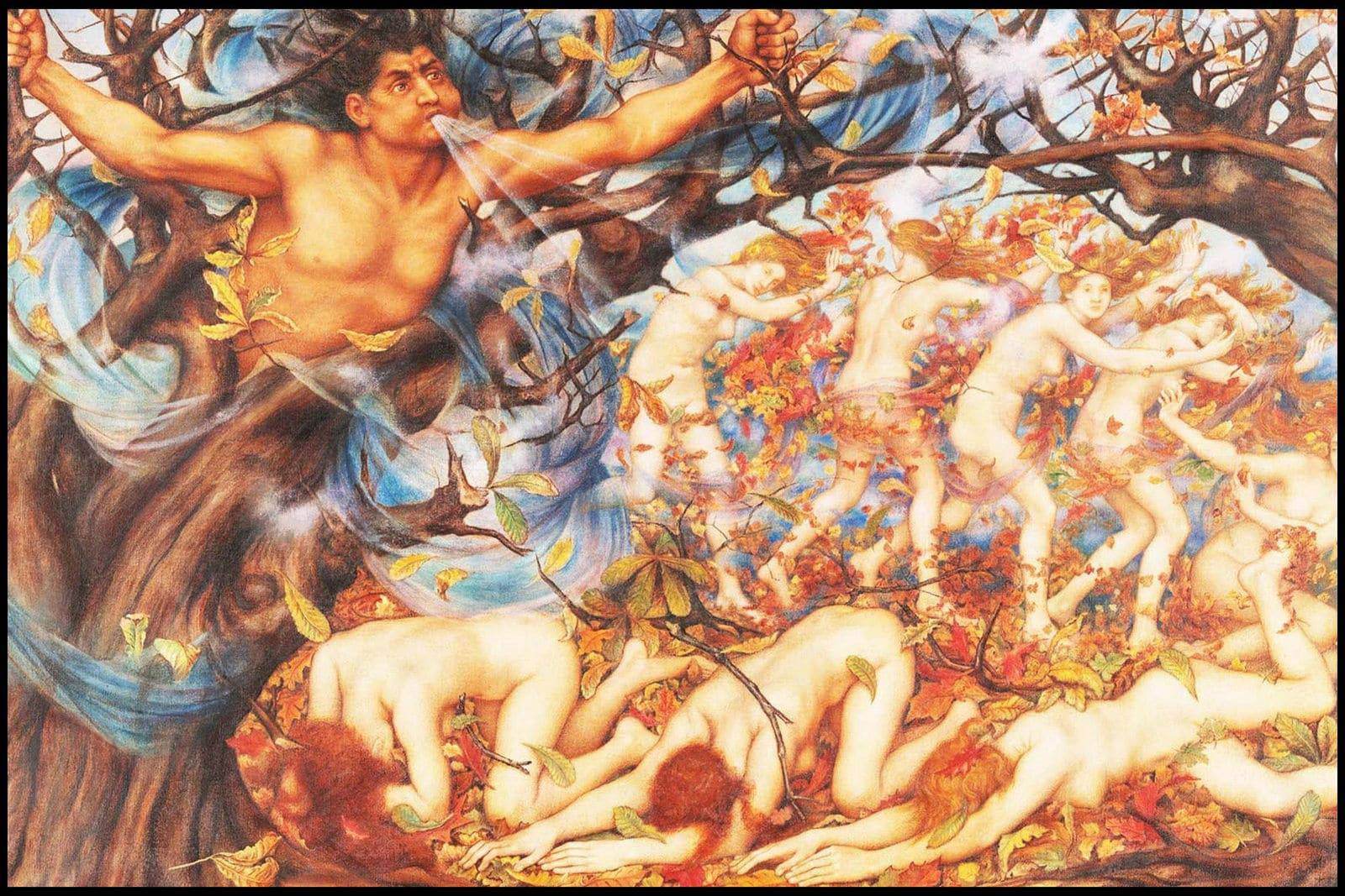 "Evelyn De Morgan - Boreas and the Fallen Leaves - Hakyarts"
