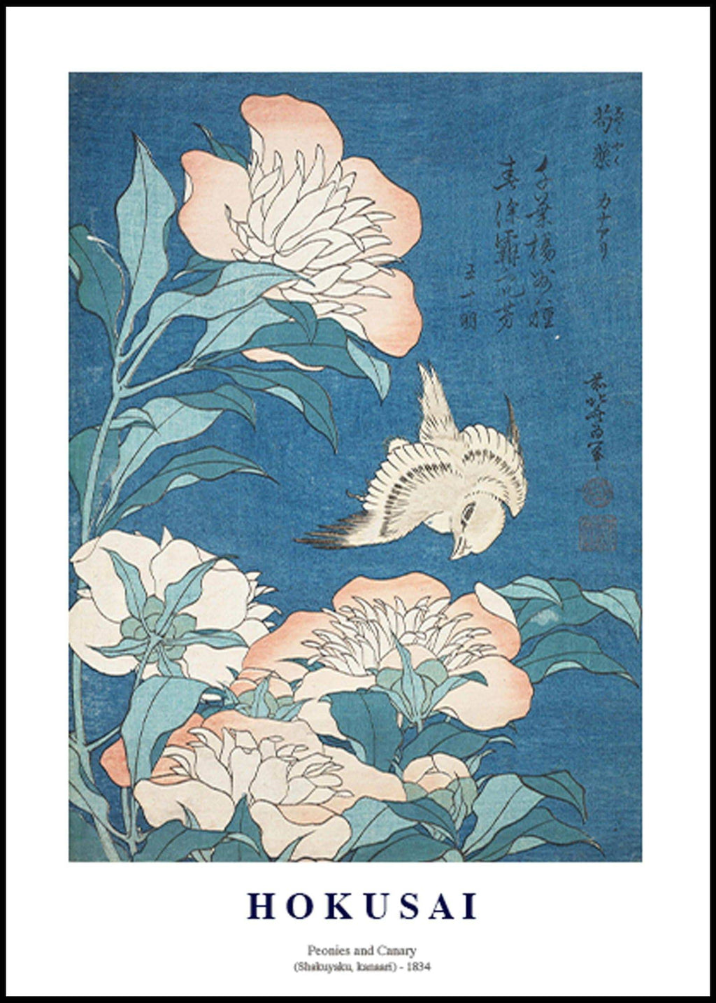 "Katsushika Hokusai - Peonies and Canary 'Shakuyaku, Kanaari' Poster"
