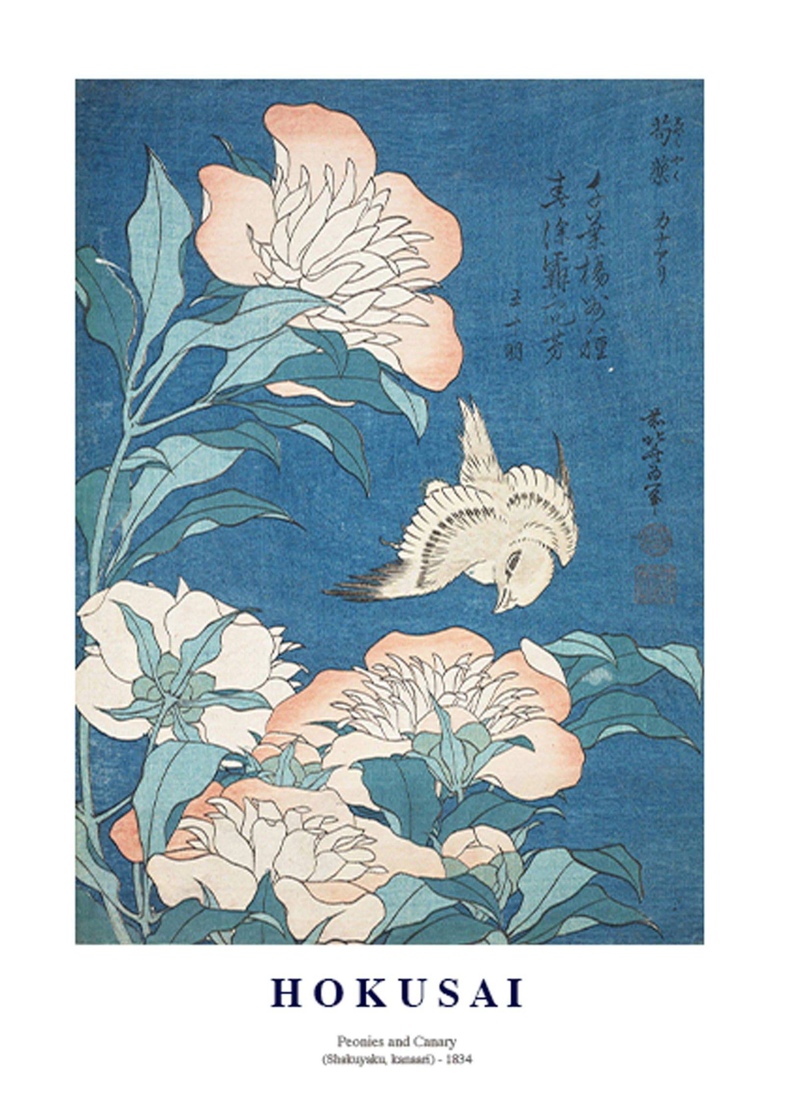 "Katsushika Hokusai - Peonies and Canary 'Shakuyaku, Kanaari' Poster"
