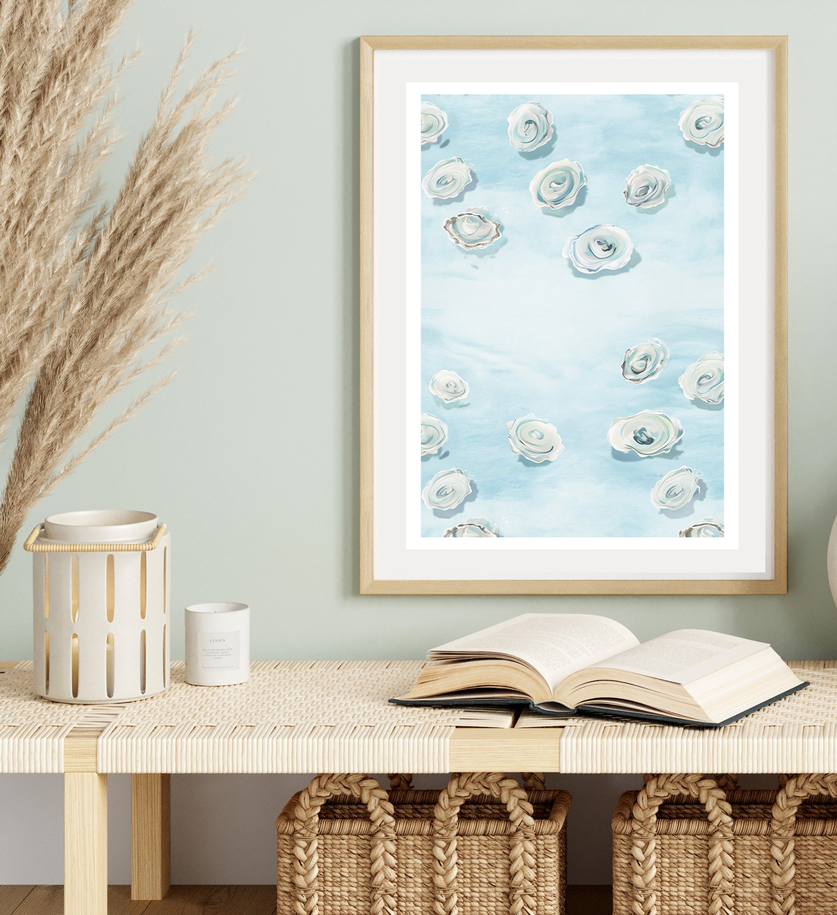 Serene Pastel Ocean Poster Featuring Hand-Painted Open Oysters