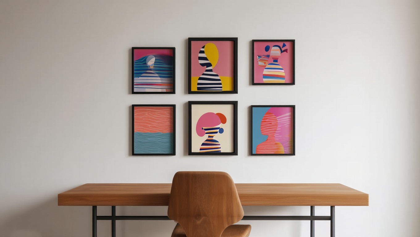 Striped Girl Reading – Set of 5 Modern Bedroom Art Prints