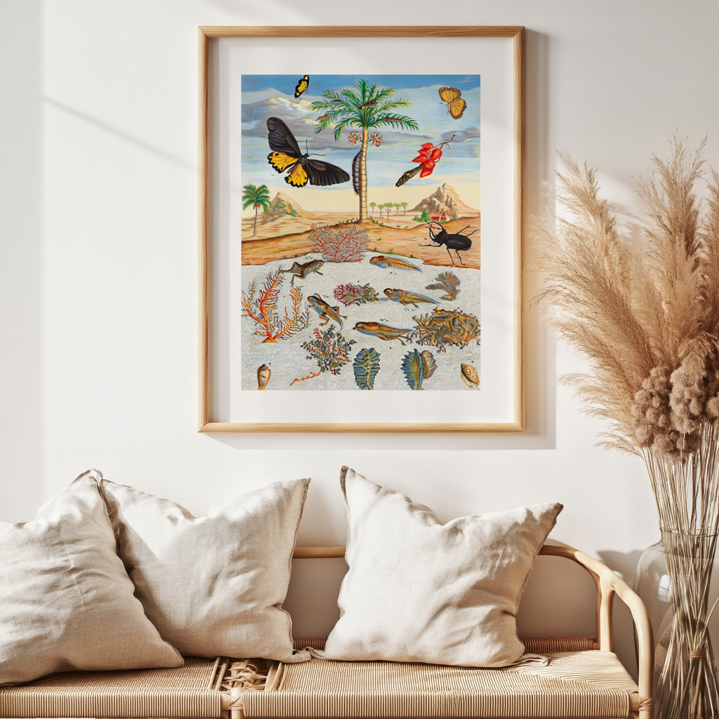 Insects and Fish with Island Background – Maria Sibylla Merian Botanical Art Print