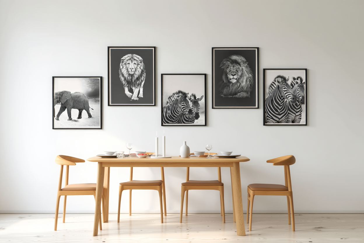 Monochrome Wildlife: 5 Black & White Animal Prints Set