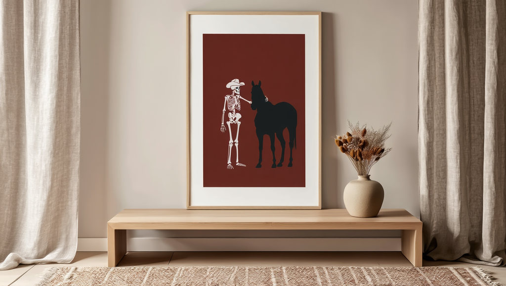 Skeleton Standing Next to Dark Horse – Red Background – Art Print