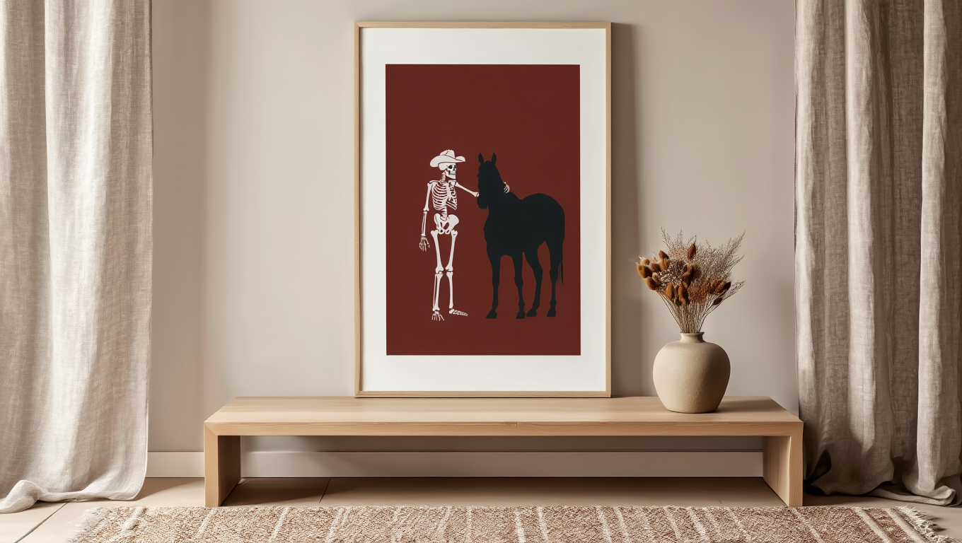 Skeleton Standing Next to Dark Horse – Red Background – Art Print