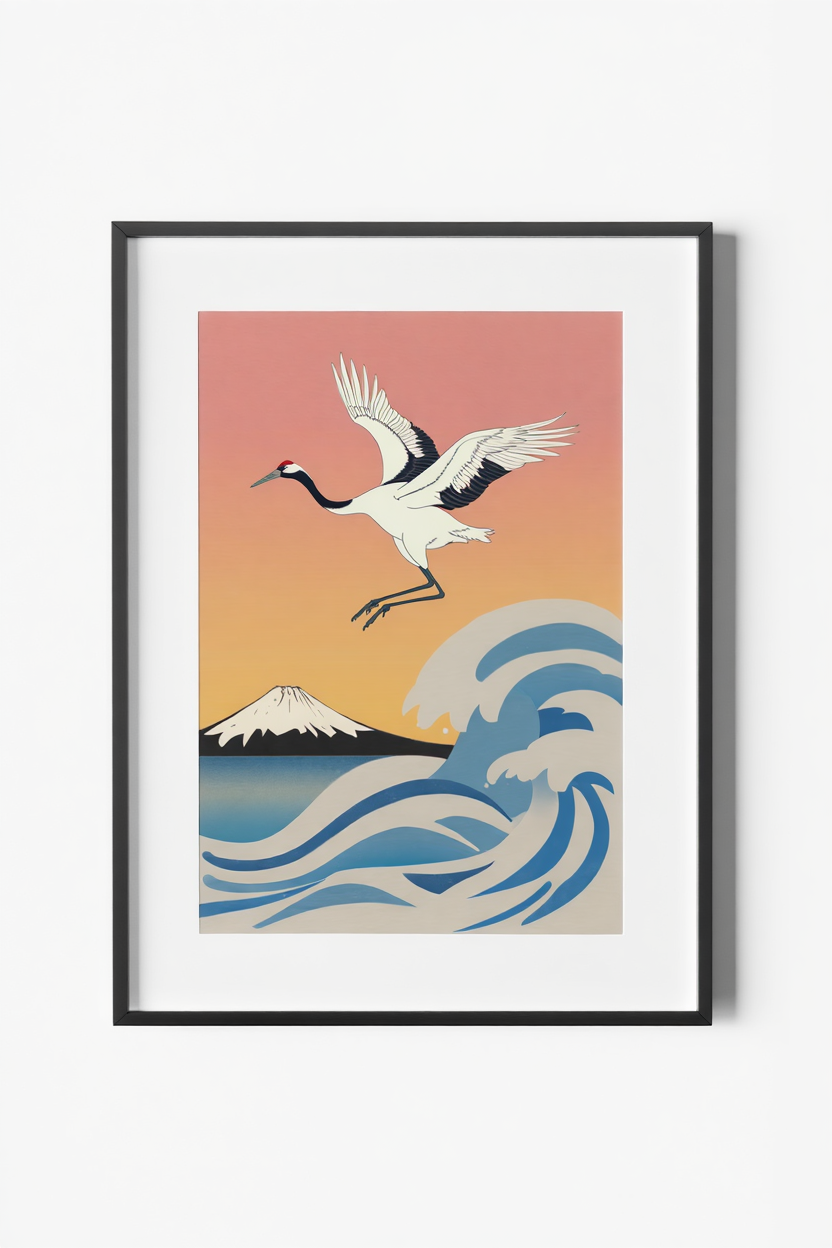 6 Japanese Art Posters – Ohara Koson & Hokusai Inspired, Mount Fuji Sunrise & Giant Wave Canvas Prints for Modern Wall Decor