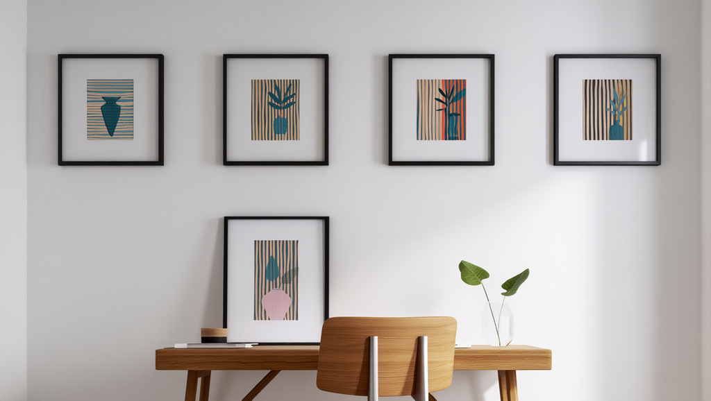 Striped Girl with Vase & Leaves – Set of 5 Modern Art Prints