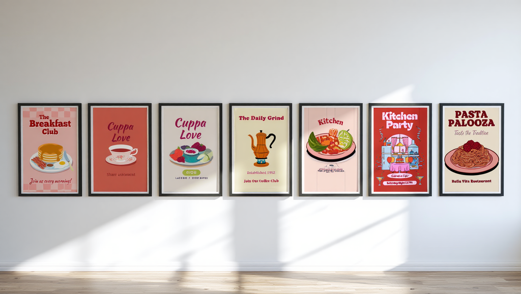 6 Retro Kitchen Posters – Pasta, Pizza & Coffee Love Canvas Prints in Red & Pink Tones for Living Room & Dining Decor