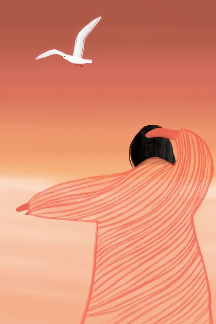 Abstract Female Figure Flying Seagull – Modern Minimalist Wall Art Print