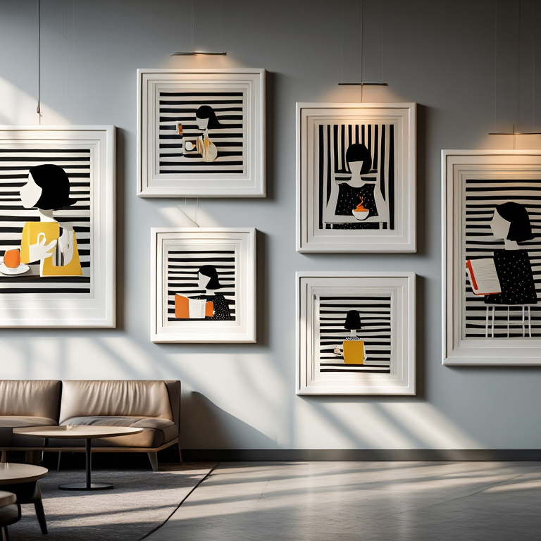 Black Striped Grid Girl – Abstract Wall Art Set for Living Room & Café - Set of 5 Prints