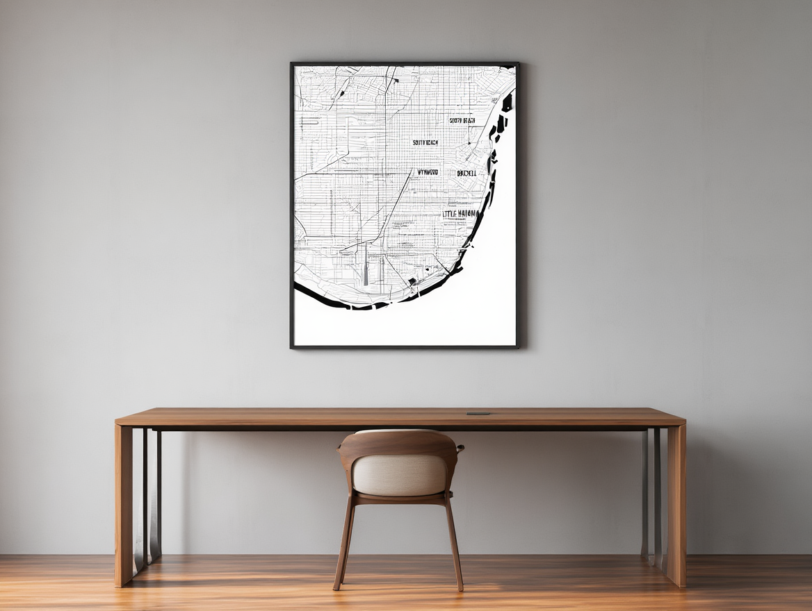 Miami City Map Poster – Minimalist Black & White Urban Wall Art Print
