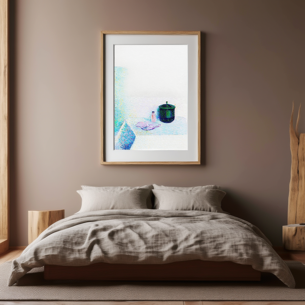 Still life with bowl, bottle and lidded box