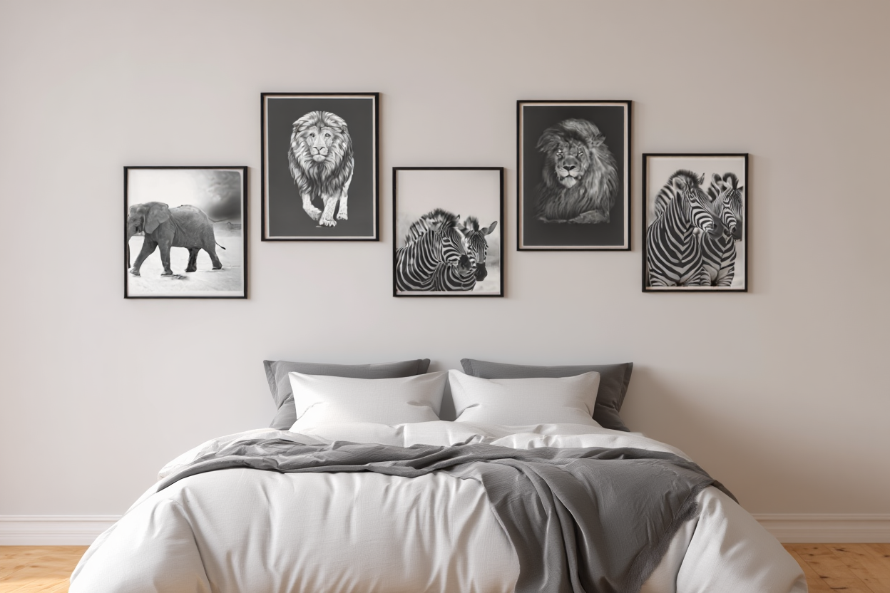 Monochrome Wildlife: 5 Black & White Animal Prints Set