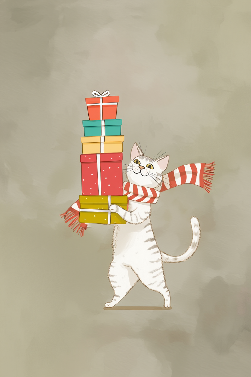 Cat Delivering Gift – Whimsical Holiday Feline Illustration