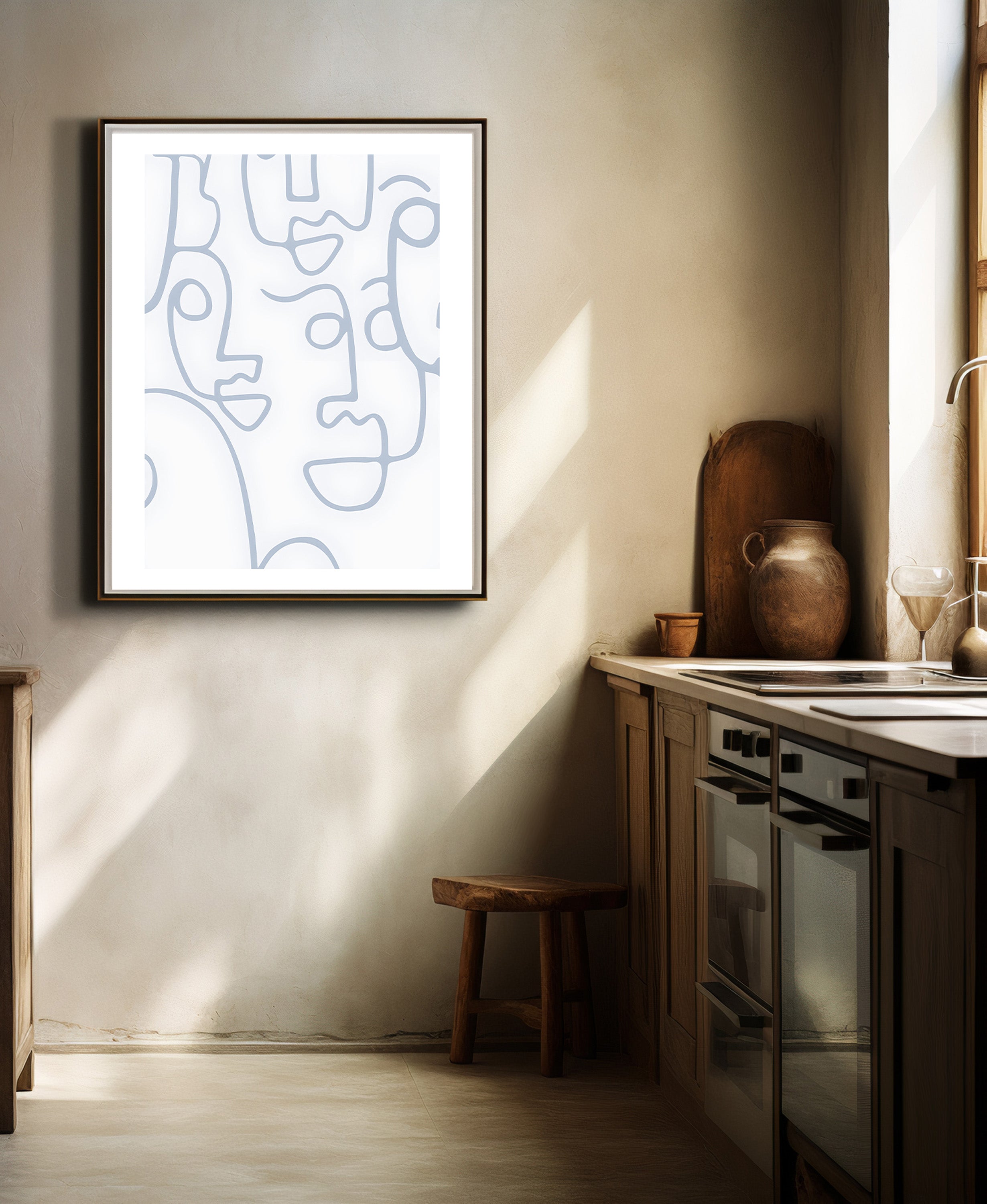 Blue Abstract Face Line Drawing Print