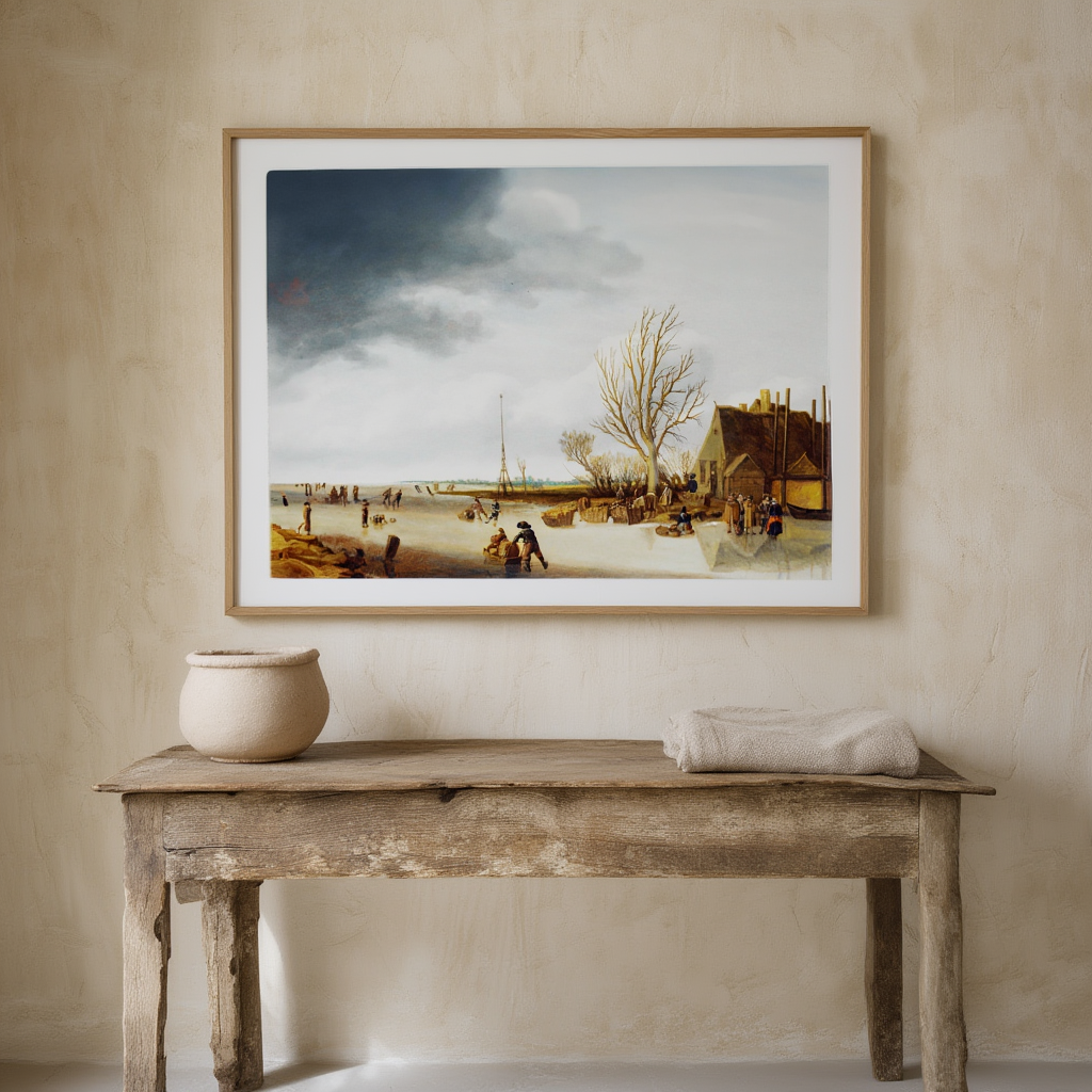 Winter Landscape with a Boy on Skates Pushing a Sled (1627) by Salomon van Ruysdael – Dutch Golden Age Art Print