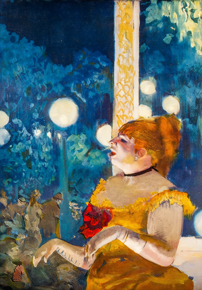 In the Concert Cafe: The Dog's Song by Edgar Degas – Figurative & Social Scene Art Print - Hakyarts