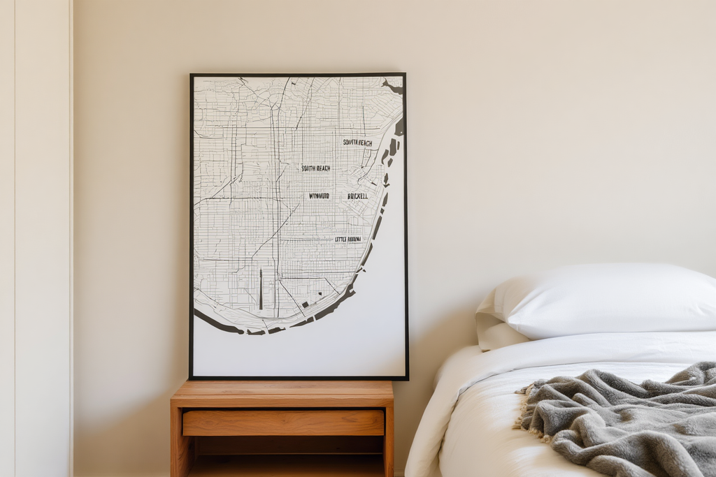 Miami City Map Poster – Minimalist Black & White Urban Wall Art Print