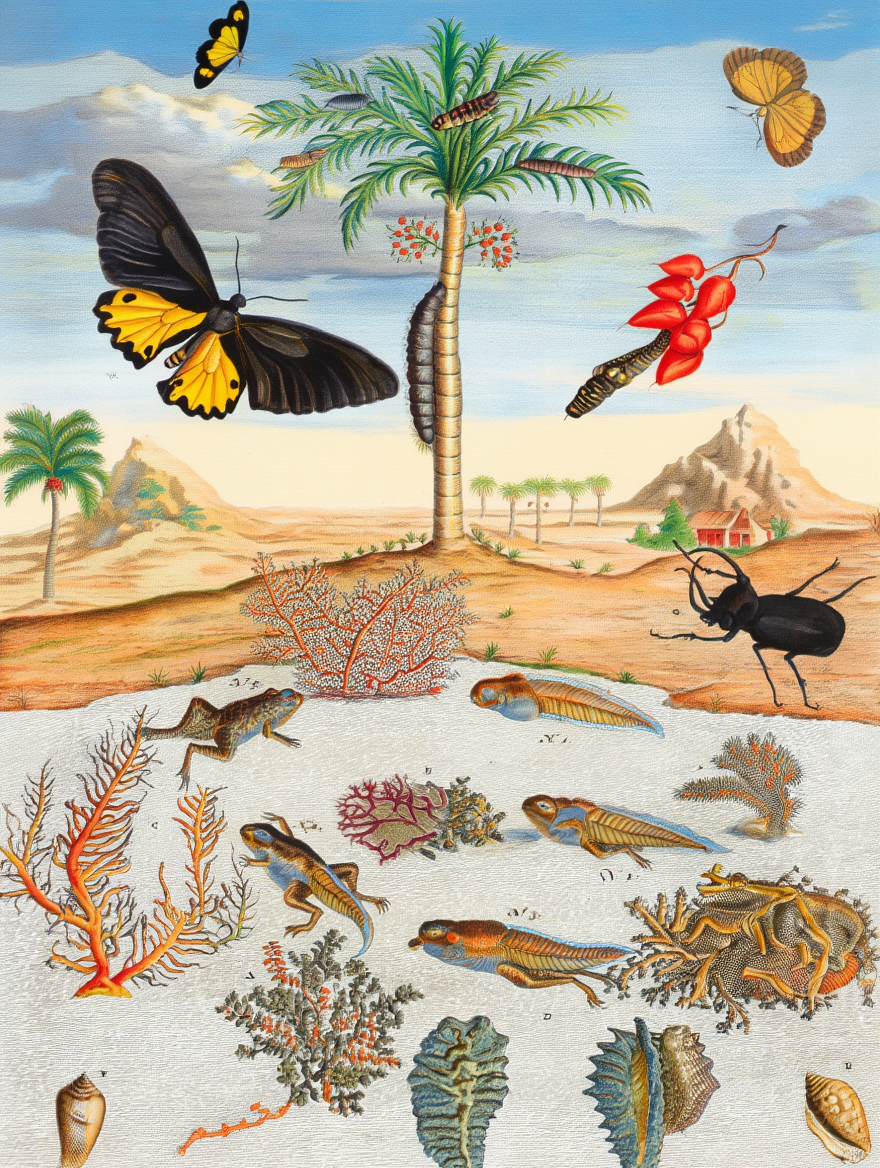 Insects and Fish with Island Background – Maria Sibylla Merian Botanical Art Print