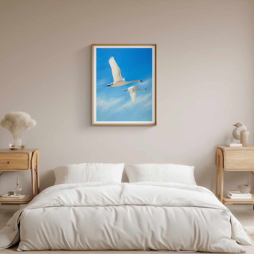 Flying Swans in Blue Skies Art Print – Minimalist Nature Wall Art
