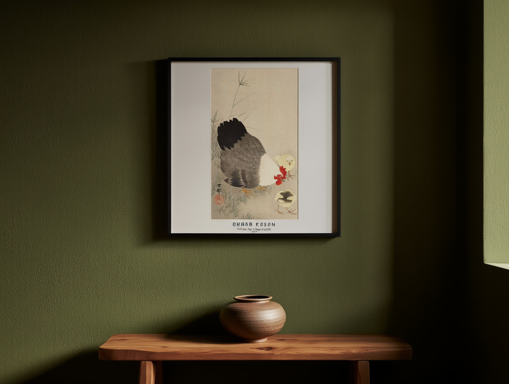 Ohara Koson - Hen and Two Chicks in Grass Poster