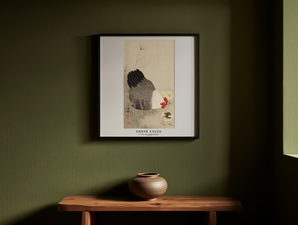 Ohara Koson - Hen and Two Chicks in Grass Poster