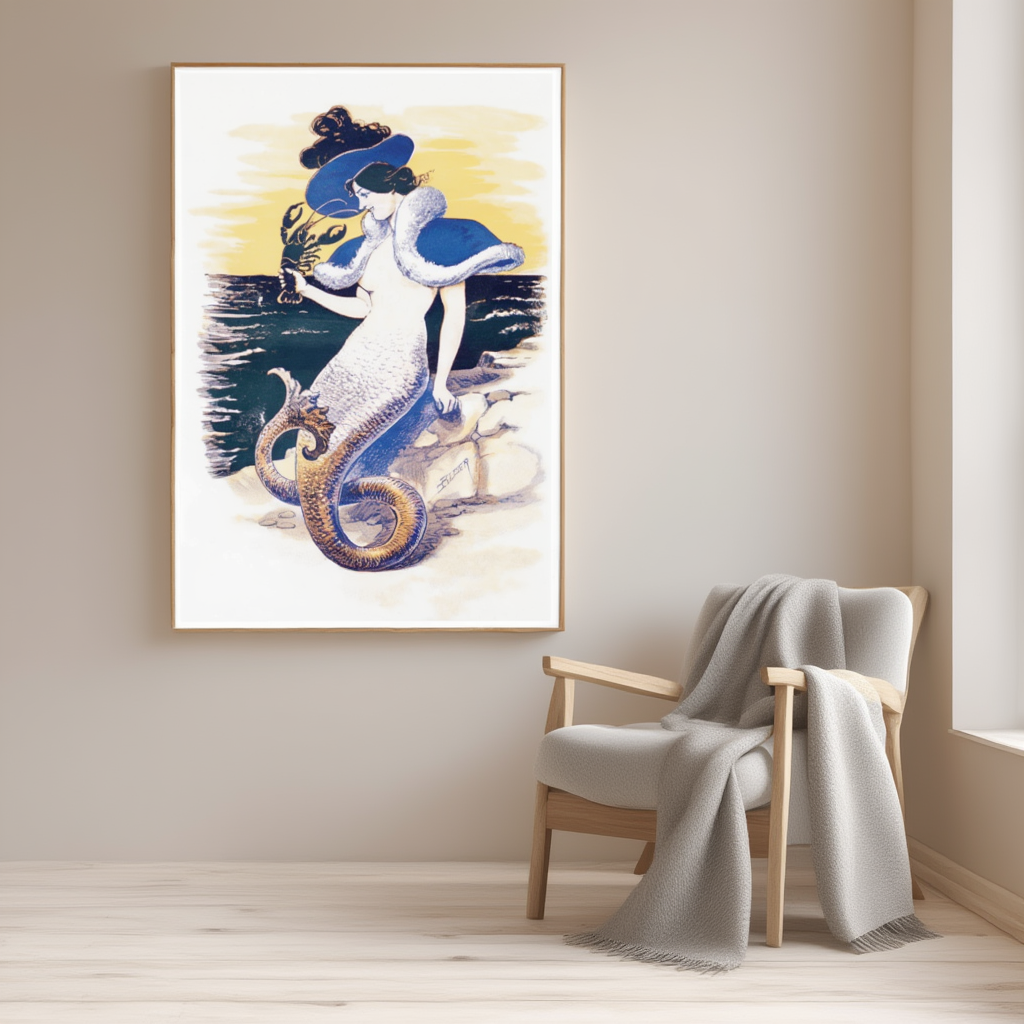 Vintage illustration of a Mermaid holding a lobster by Alder, 1895.&nbsp;