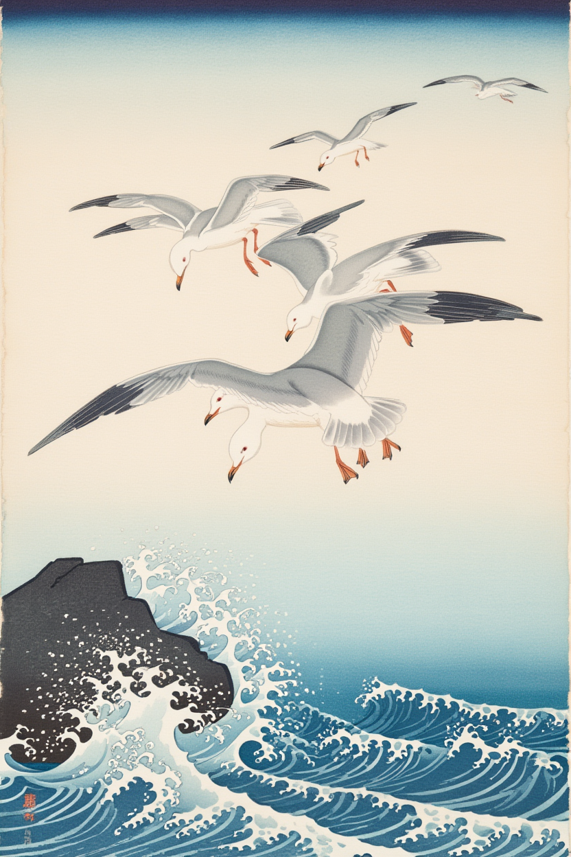 Ohara Koson – Five Seagulls Above Turbulent Sea | Japanese Bird & Nature Art Print | Ukiyo-e Coastal Wall Art