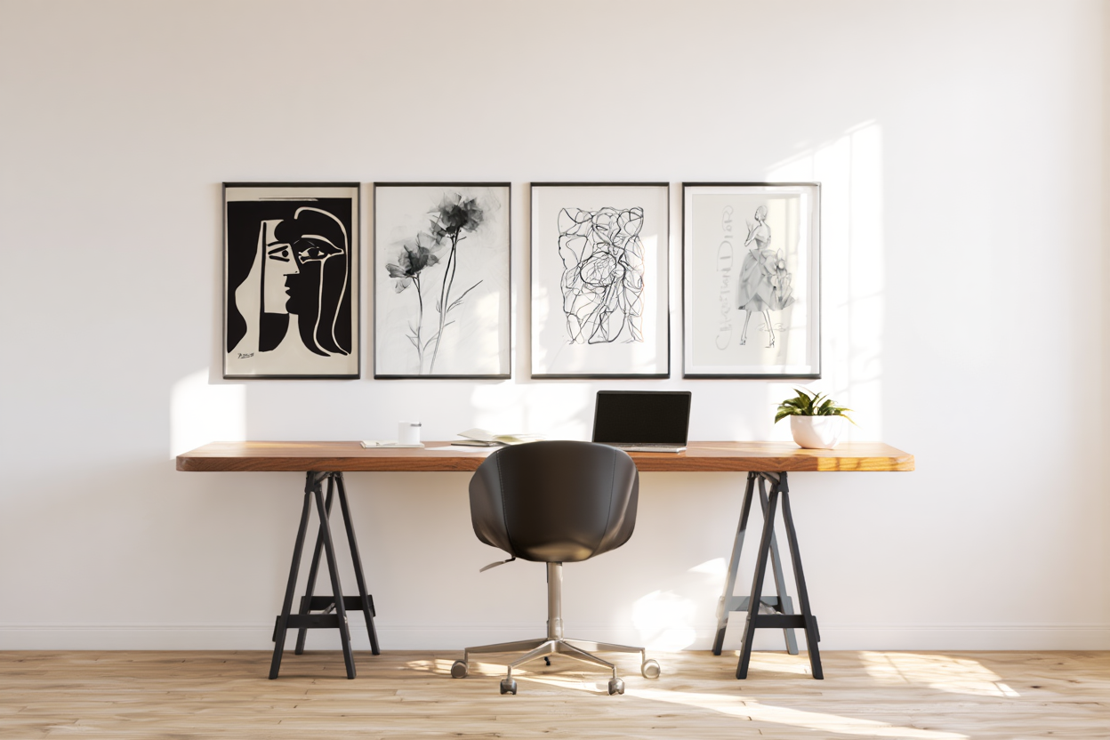 Monochrome Nature: 4 Black & White Landscape & Floral Prints Set