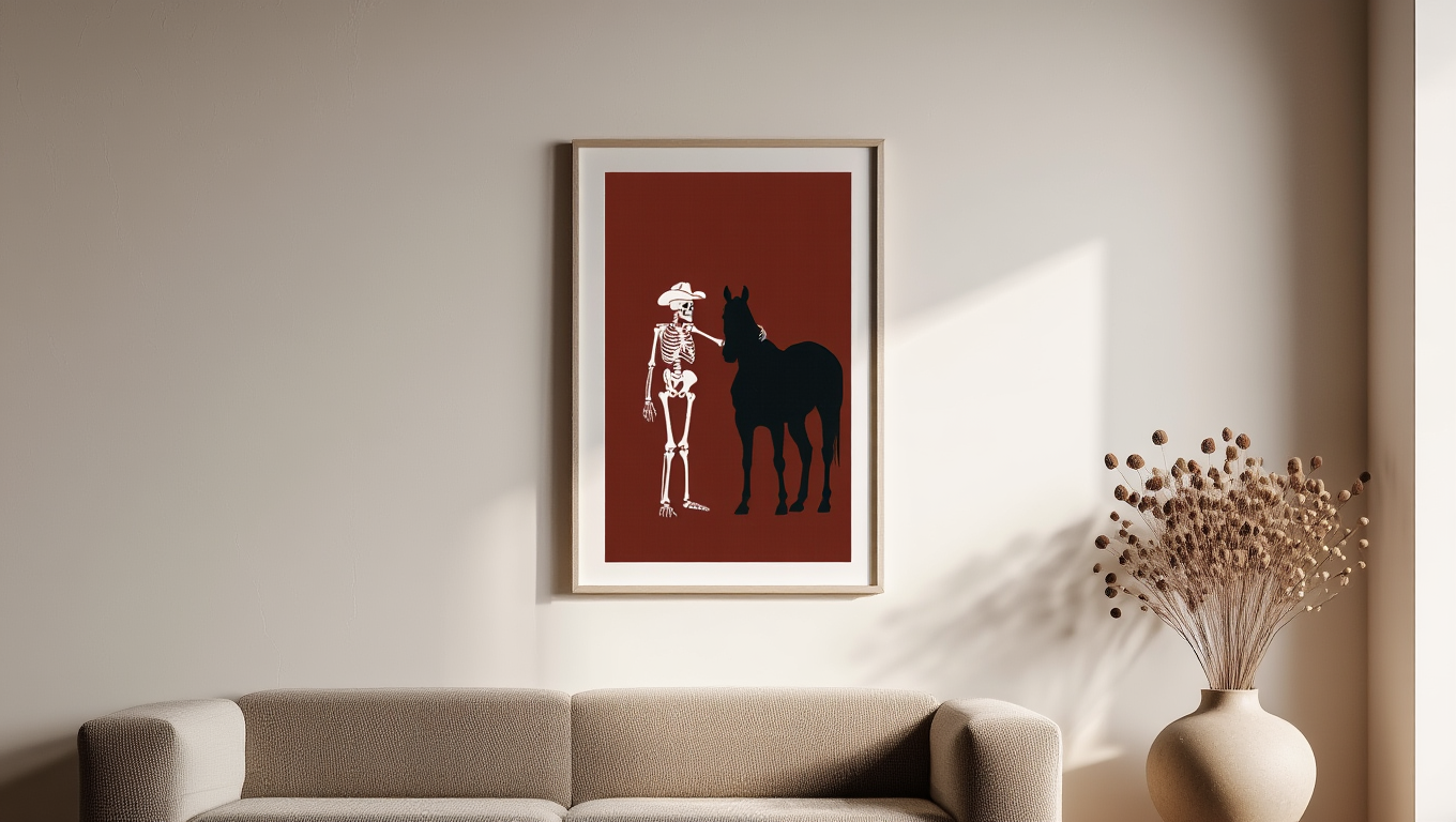 Skeleton Standing Next to Dark Horse – Red Background – Art Print