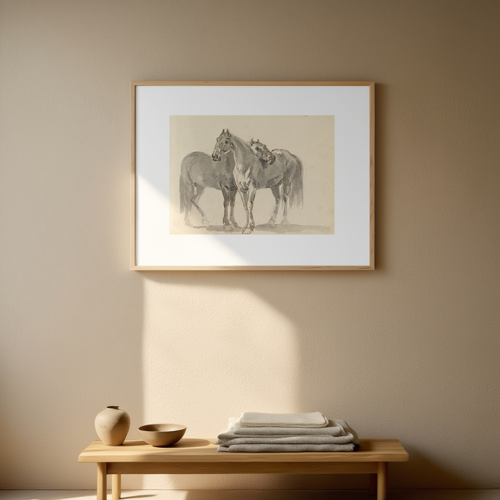 Elephant and Horse Pair – Black & White Animal Drawing Print  Wall Art