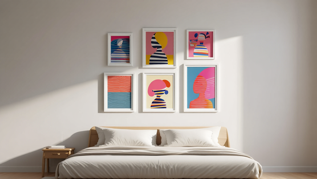 Striped Girl Reading – Set of 5 Modern Bedroom Art Prints