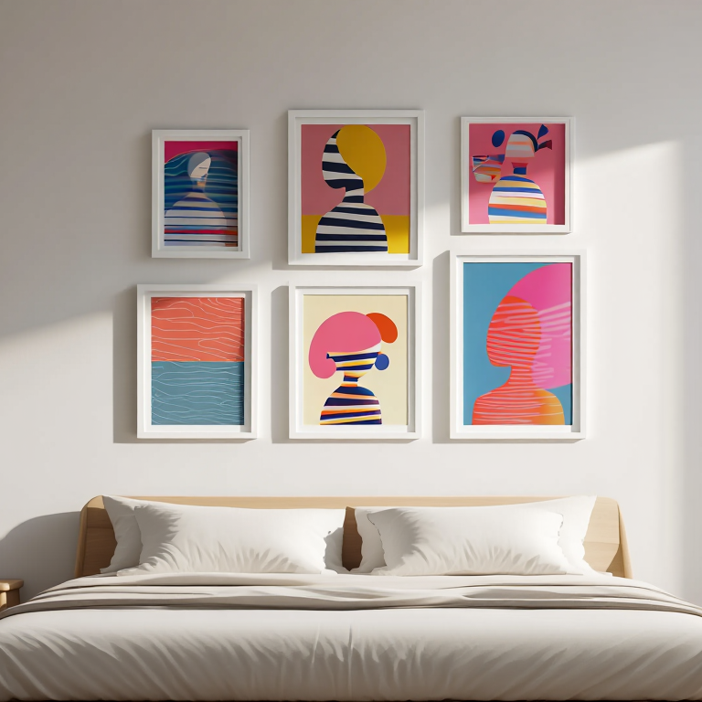Striped Girl Reading – Set of 5 Modern Bedroom Art Prints