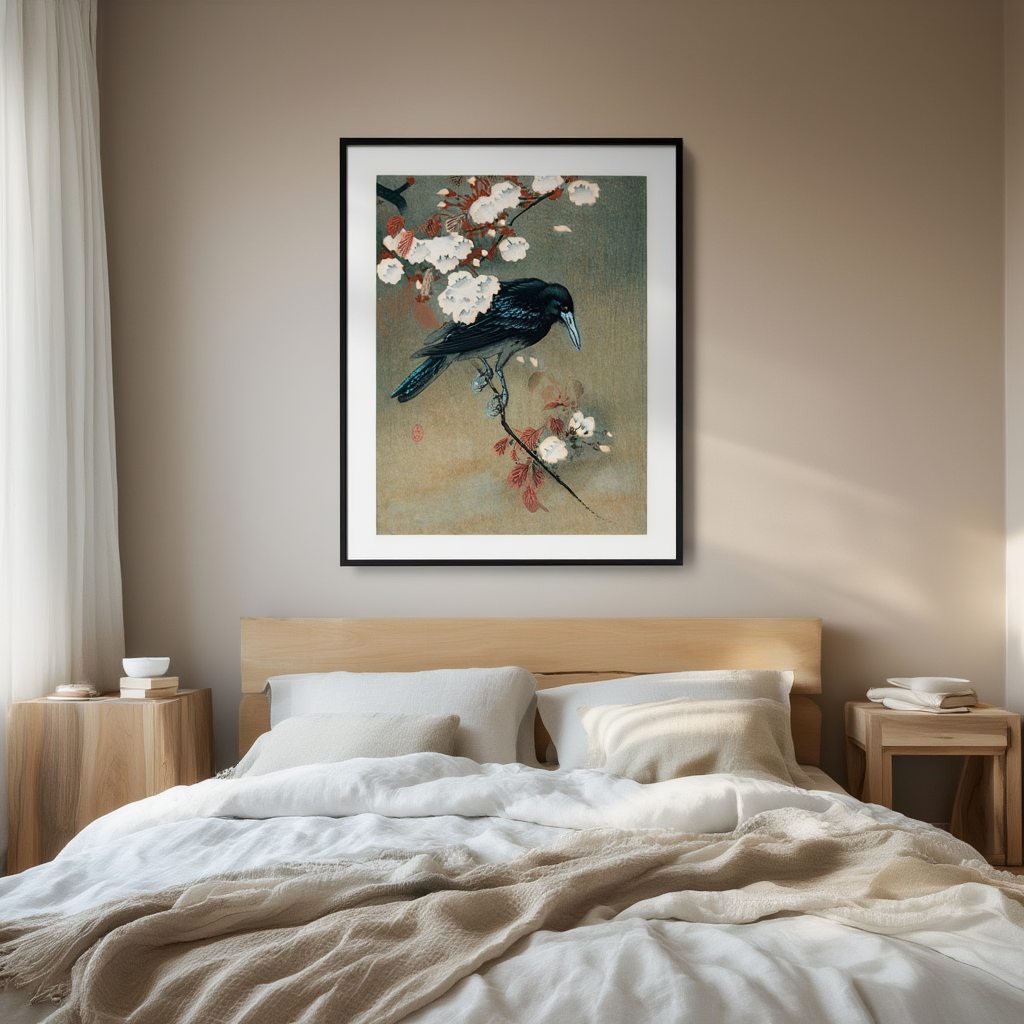 Crow and Blossom – Ohara Koson Poster | Japanese Nature Art Print