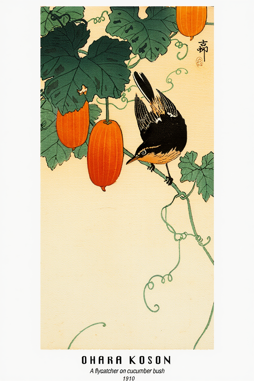 Ohara Koson - A Flycatcher with Cucumber Bush Poster