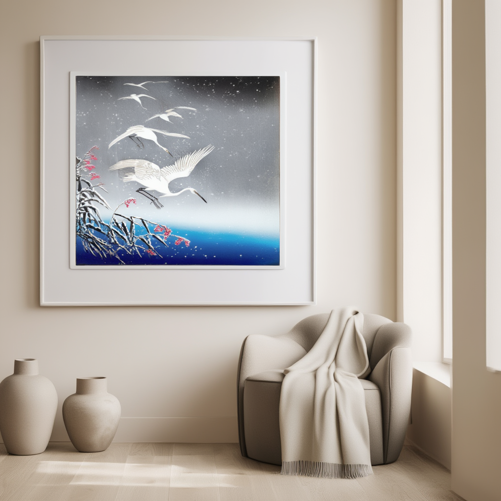White Birds in Snow – Ohara Koson Poster | Japanese Nature Art Print