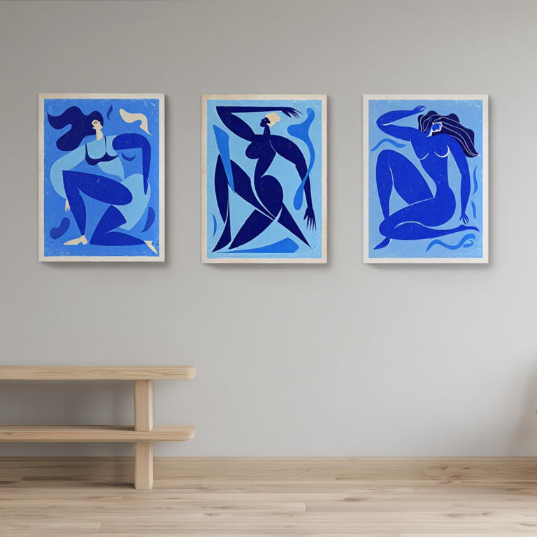 Abstract Blue Matisse Line Girl – Set of 3