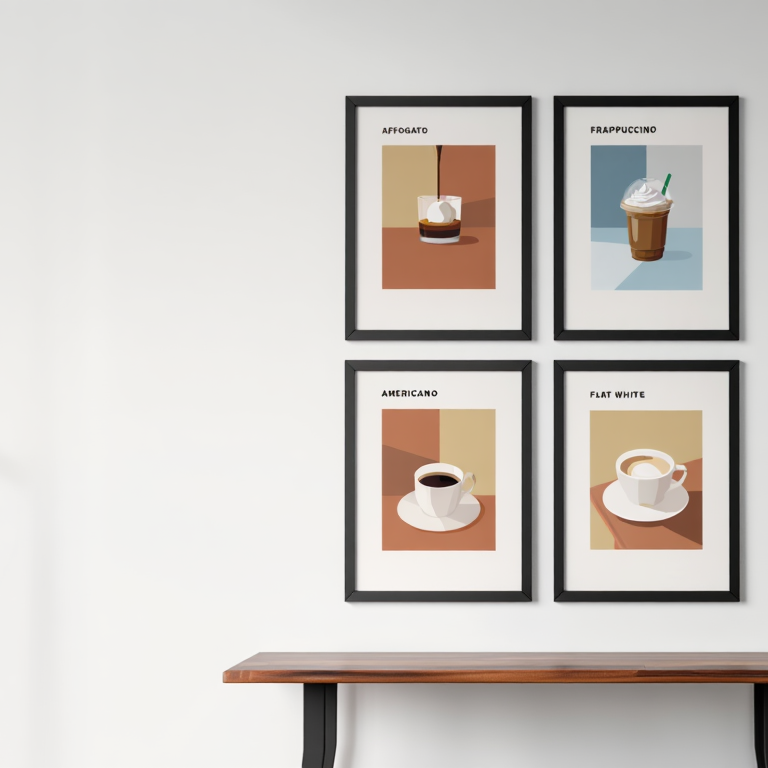 4 Coffee Posters – Affogato, Flat White, Macchiato, Frappuccino & Americano Minimalist Café Wall Art