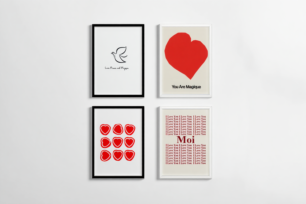 Modern Red Nordic Wall Art 4 Prints  Vintage French-Inspired Wall Art Collection