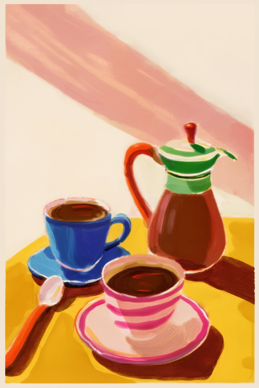 Set of 4 Wall Art Prints – Macchiato Espresso, Coffee Table Scene & Café Typography Collection