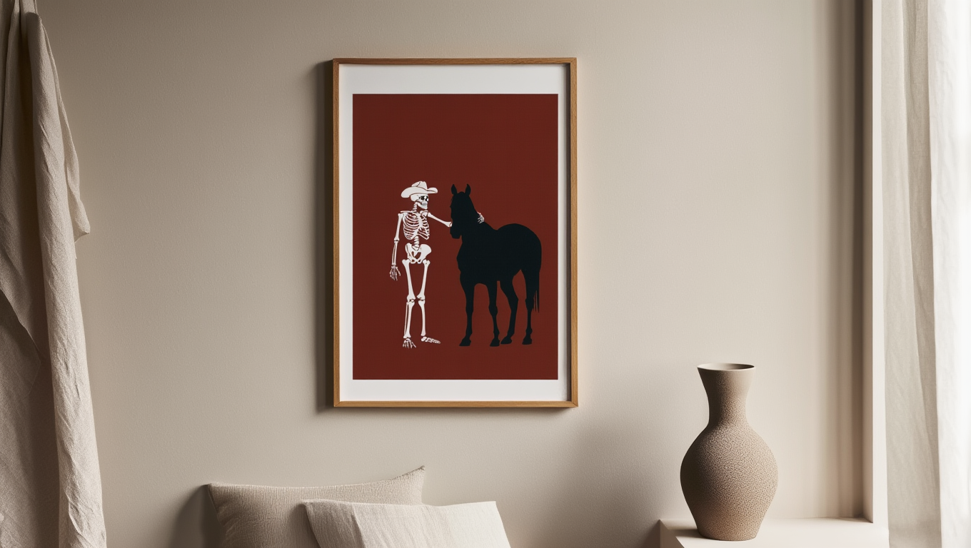 Skeleton Standing Next to Dark Horse – Red Background – Art Print
