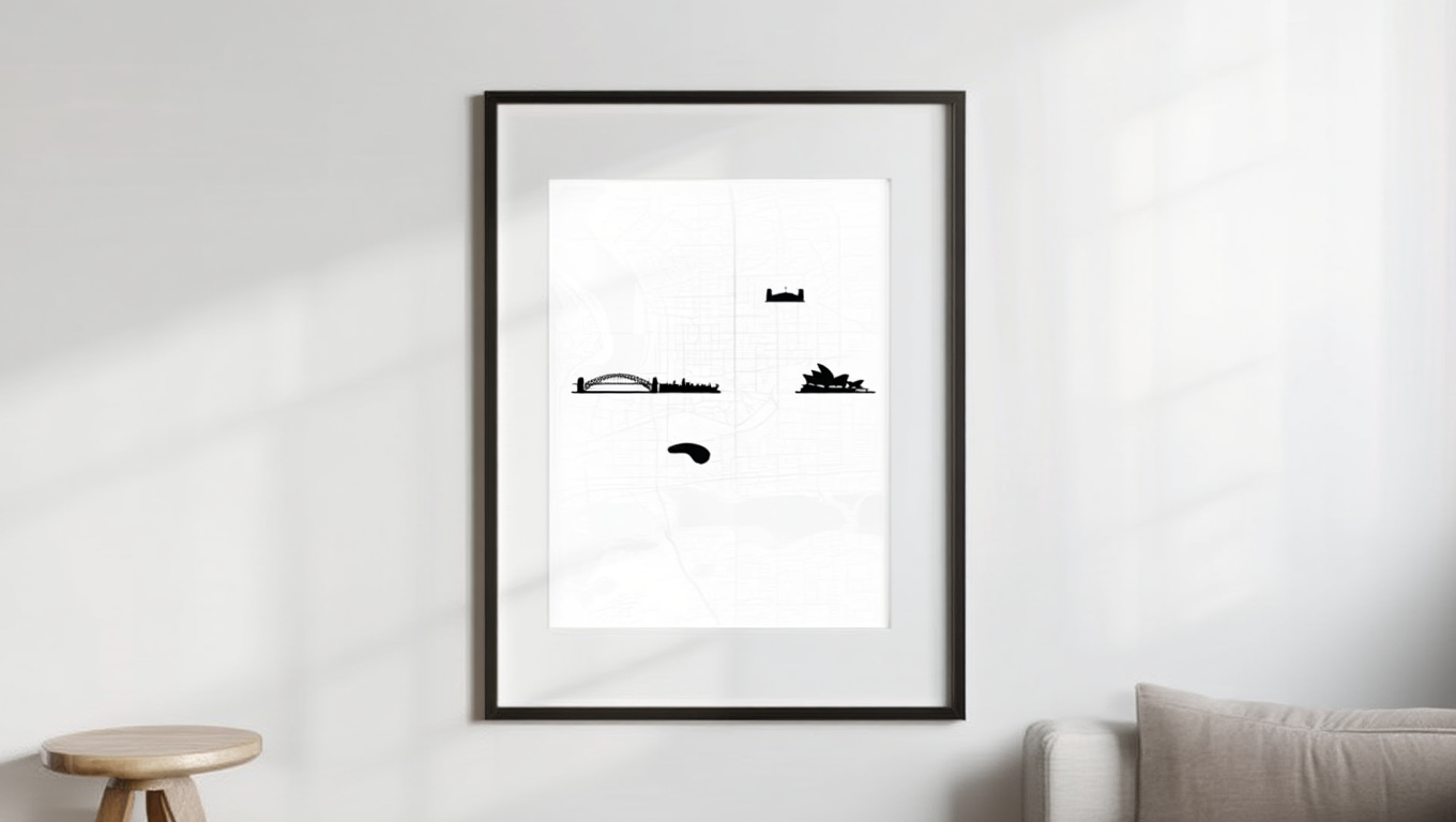Sydney City Map Poster – Black and White Minimalist Wall Art Print