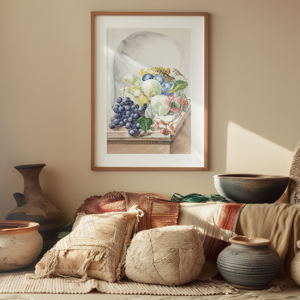 Piece of fruit in a niche on a marble table, plums, peaches, grapes and blackberries