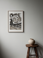 Starry Night – Vincent van Gogh Black & White Poster | Post-Impressionist Night Sky Art Print