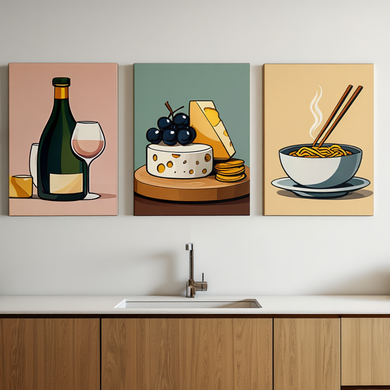 Wine & Cheese Noodles Art Living Room - Set of 3