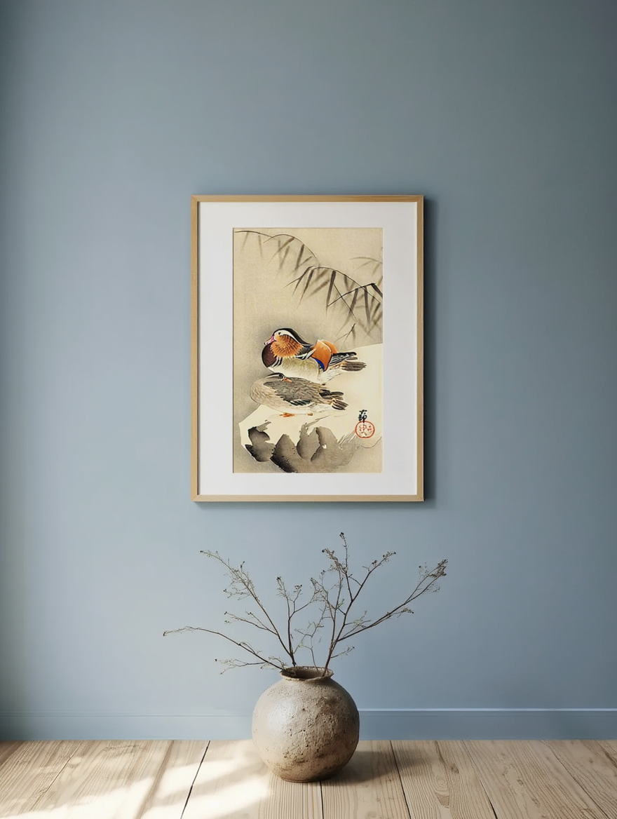 Affiche de Ohara Koson - Canards mandarins dans la neige