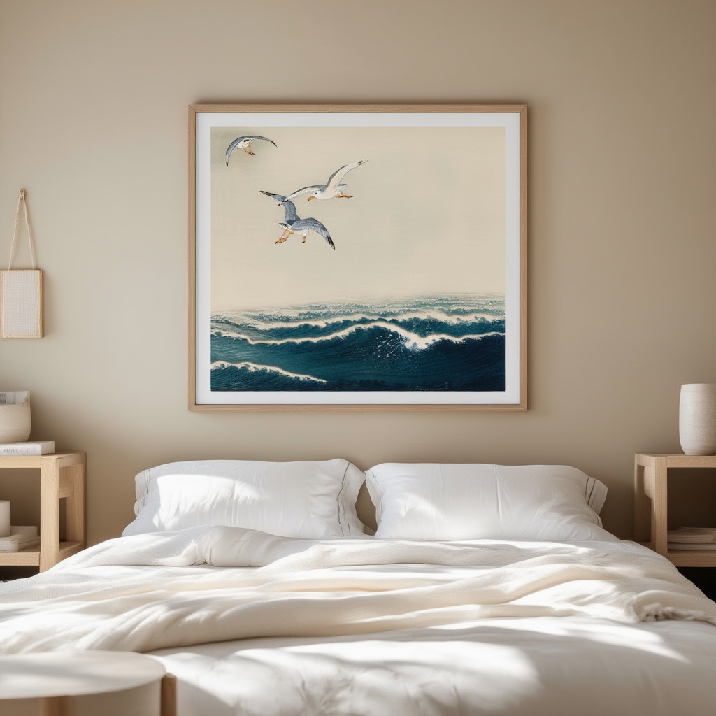 Ohara Koson - Måger over bølgerne plakat