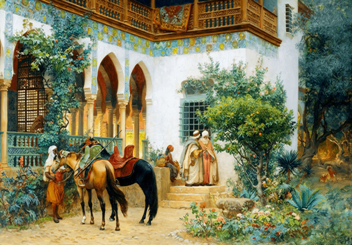 A North African Courtyard – Frederick Arthur Bridgman Poster | Orientalist Landscape & Architecture Art Print