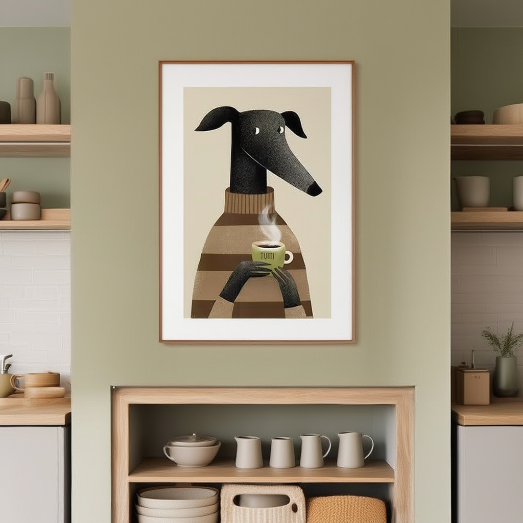 Dog Drinking Coffee Art Print – Cute and Humorous Wall Art for Pet Lovers
